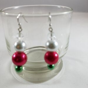 Hand Crafted Pearl Earrings Red, White, Green Pearls and Crystal Earrings
